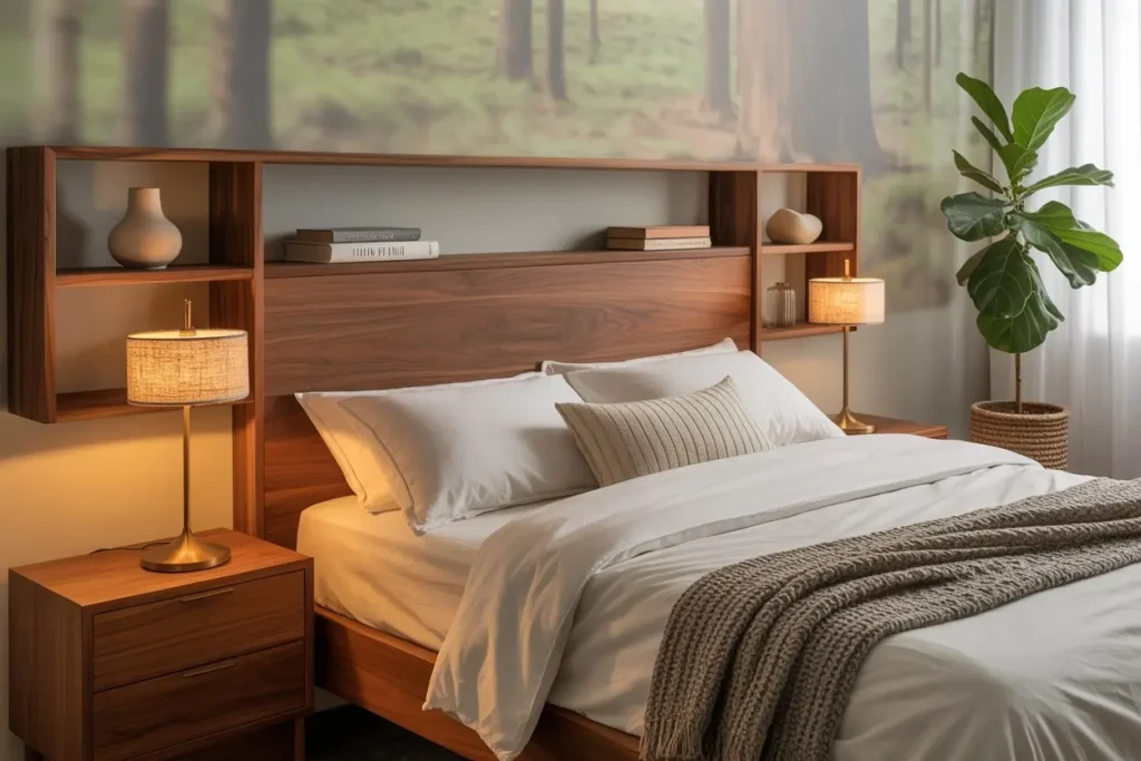 "Bedroom with a wallpaper accent wall behind the bed, adding style and warmth to a cozy setting."