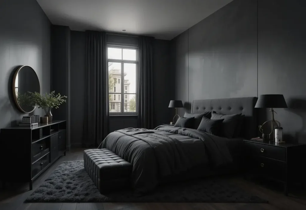 "Moody all-black bedroom with sleek, monochrome design"