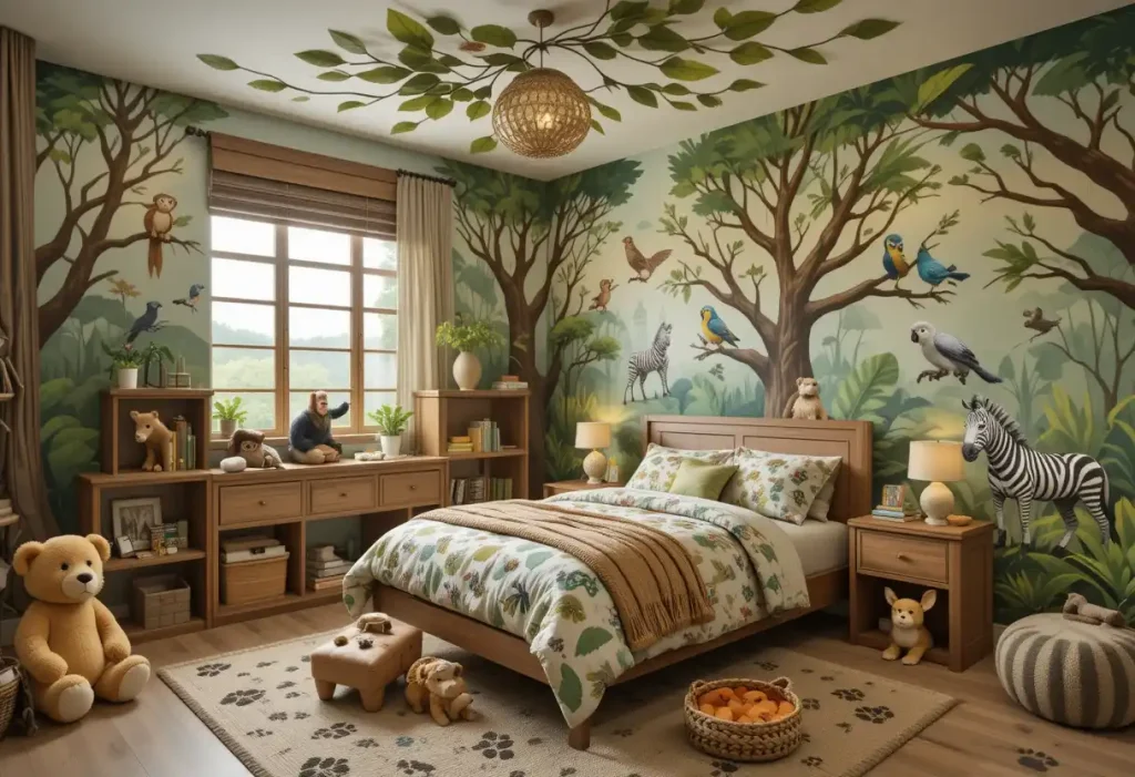 "Animal kingdom-themed boys’ bedroom with jungle murals, animal plush toys, earthy colors, and playful wildlife decor."