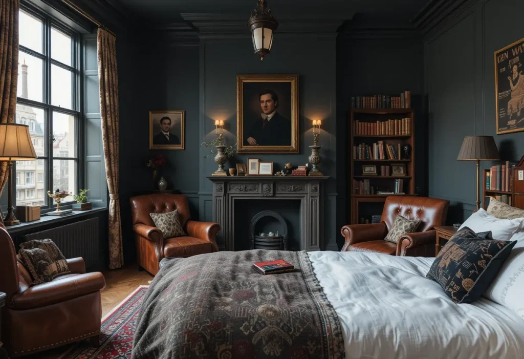 "Moody guest room with dark tones, vintage bookshelves, leather armchairs, and academic decor."
