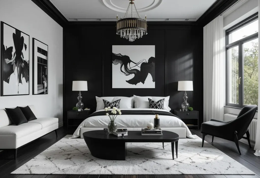 Bedroom wall featuring colorful, patterned wallpaper behind a minimalist bed frame.