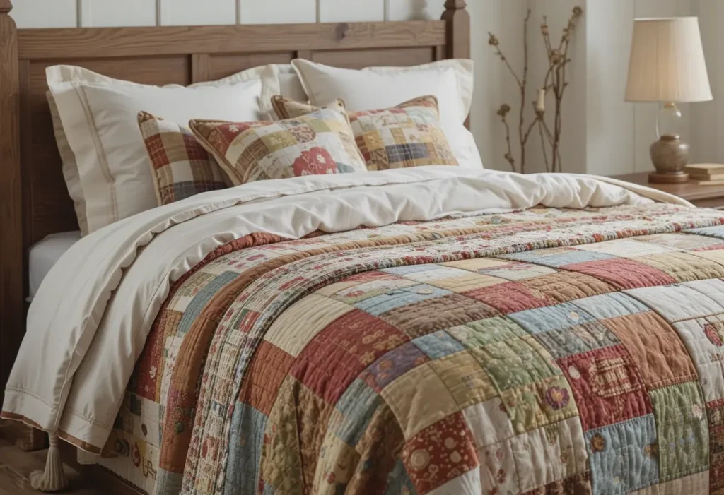 Bed with colorful patchwork quilt in a warm, vintage-inspired rustic bedroom.
