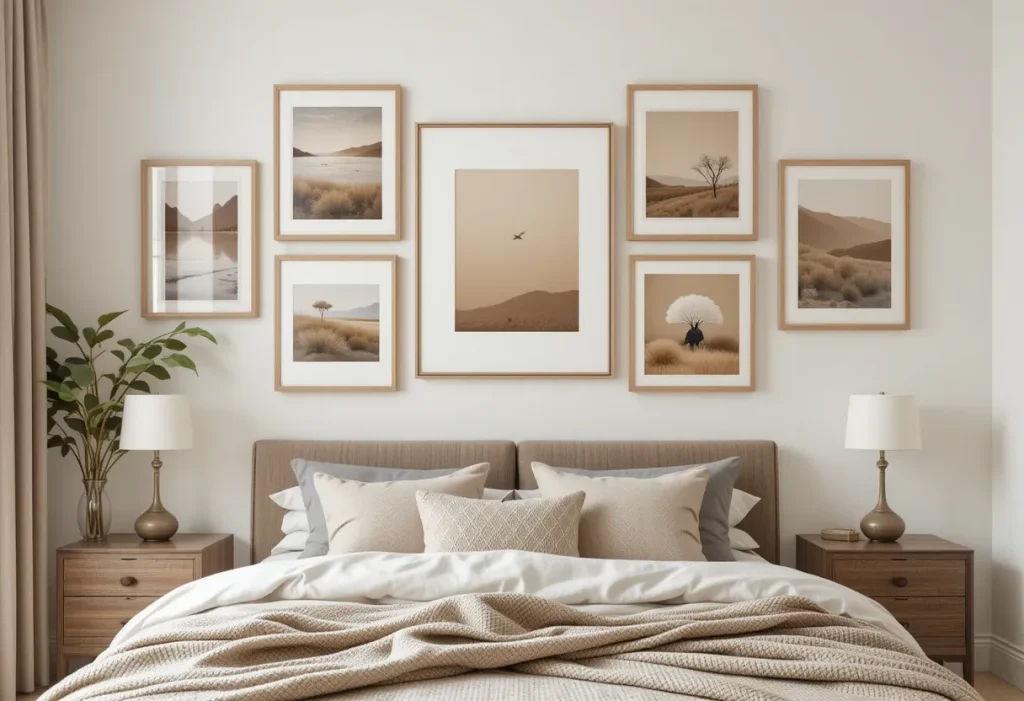 Wall featuring minimalist wood-framed art prints with earthy brown and beige tones.
