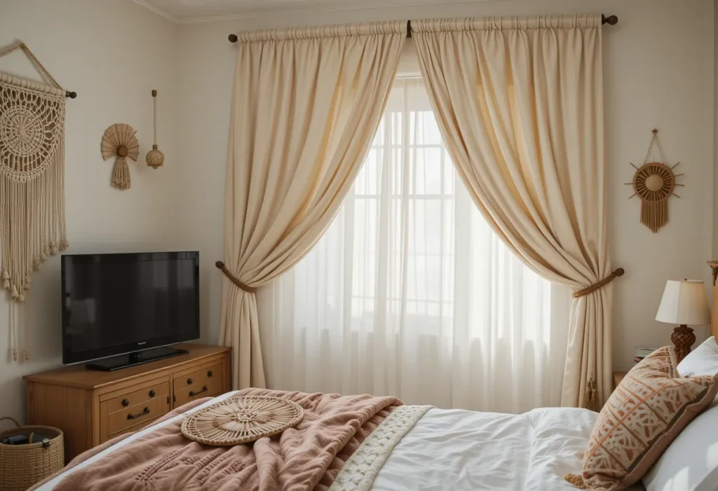 TV hidden behind draped curtains in a boho-style brown bedroom.