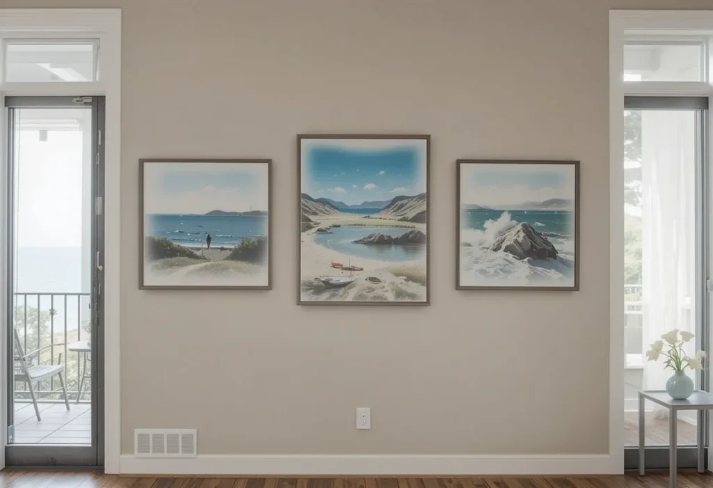 nterior wall with framed art that complements the view outside the balcony, enhancing visual harmony.