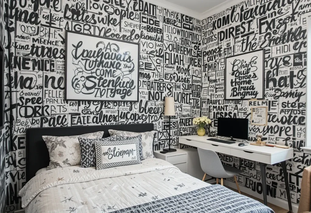Modern bedroom corner with black-and-white typography wallpaper and inspirational quotes.