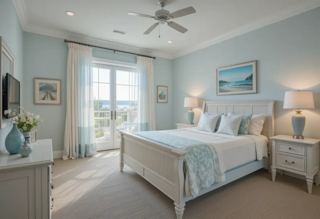 Beach-style bedroom with light wood decor, blue accents, and airy white curtains.