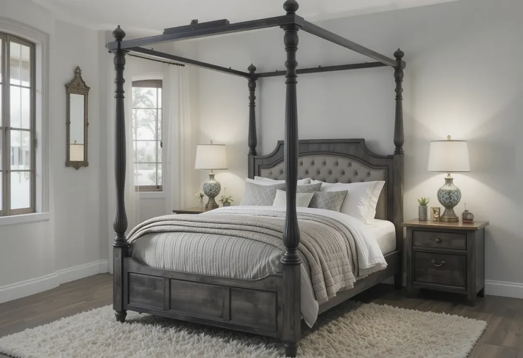 Grey canopy bed with sheer drapes and string lights