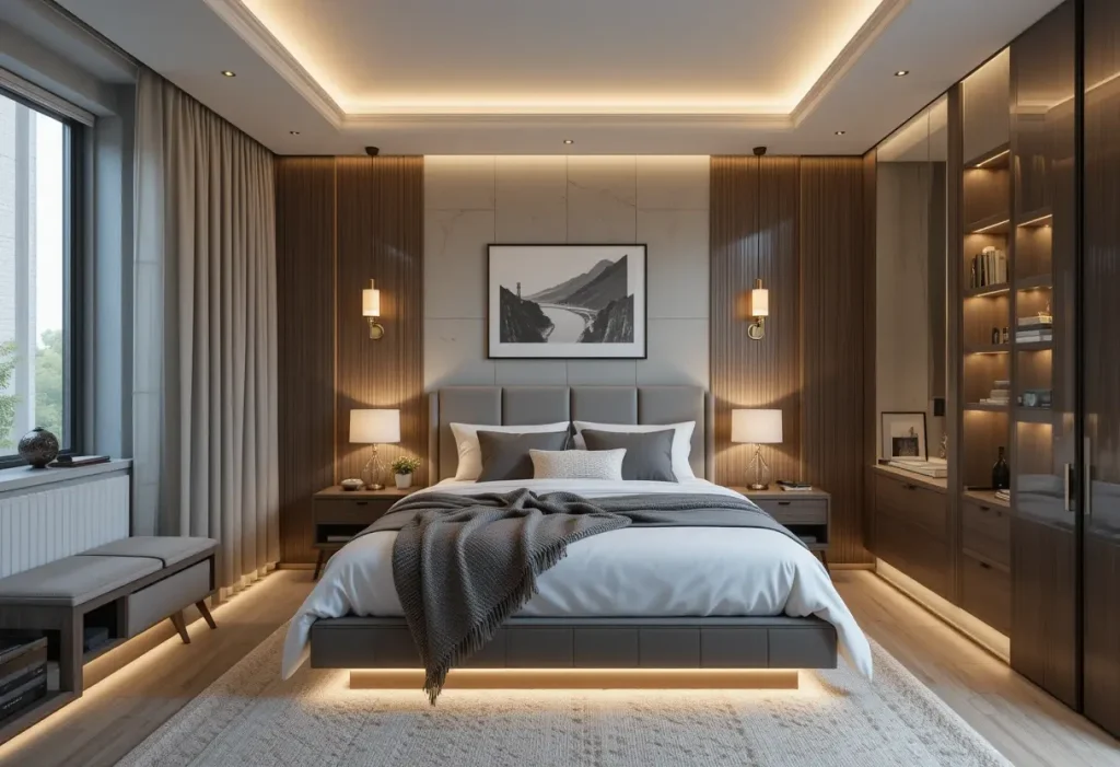 “Small men’s bedroom with layered lighting: lamps, LED strips, and wall sconces.”