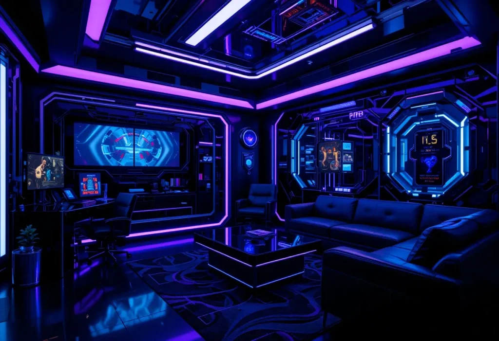 A sci-fi inspired bedroom with chrome furniture, geometric wall patterns, and LED lights in blue and purple.