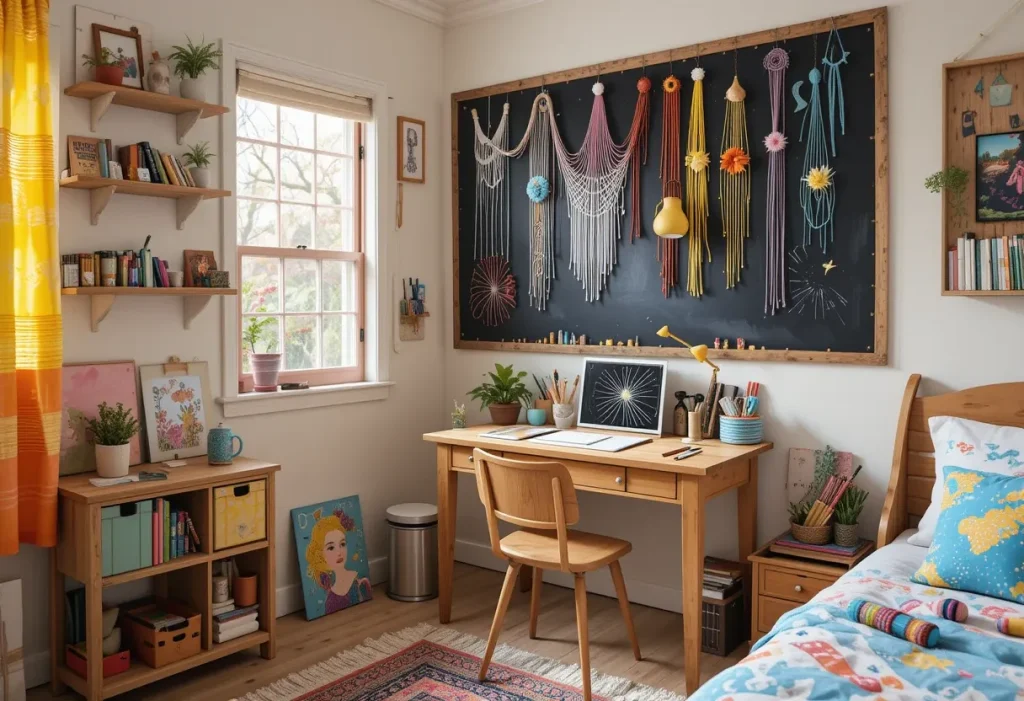 Art-themed kids’ corner with a table, easel, chalkboard wall, and organized art supplies.