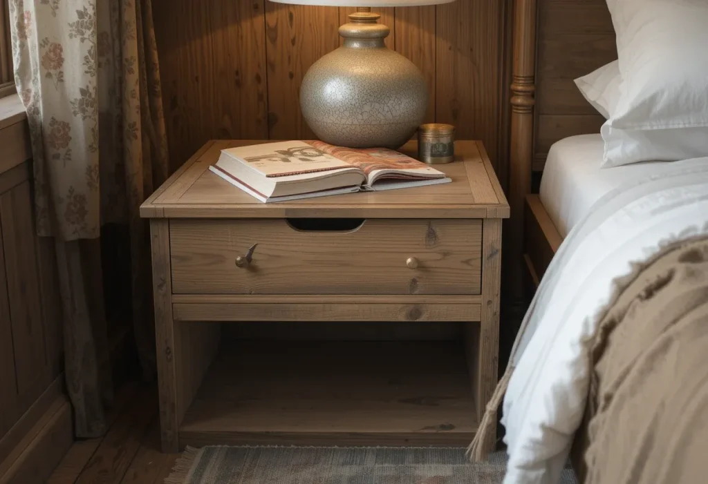 Compact bedside table with storage and essentials beside a guest bed.