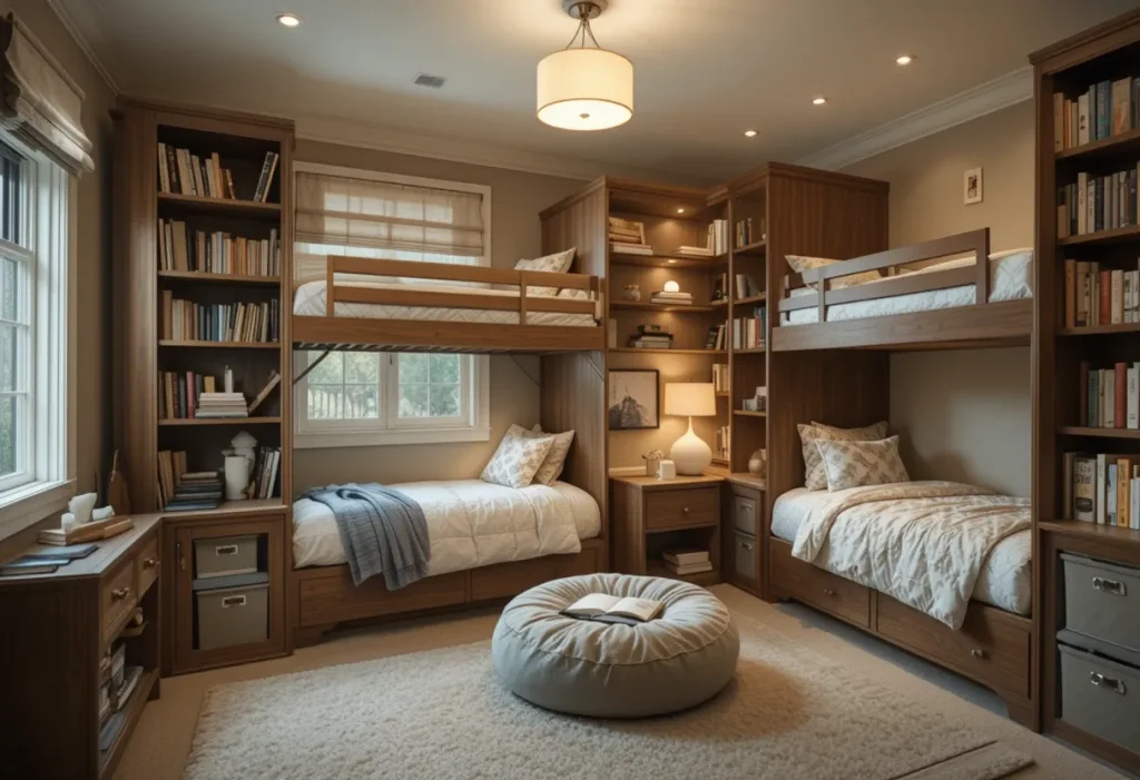 Bunkbed with built-in bookshelves, soft lighting, and cozy reading area with beanbag.