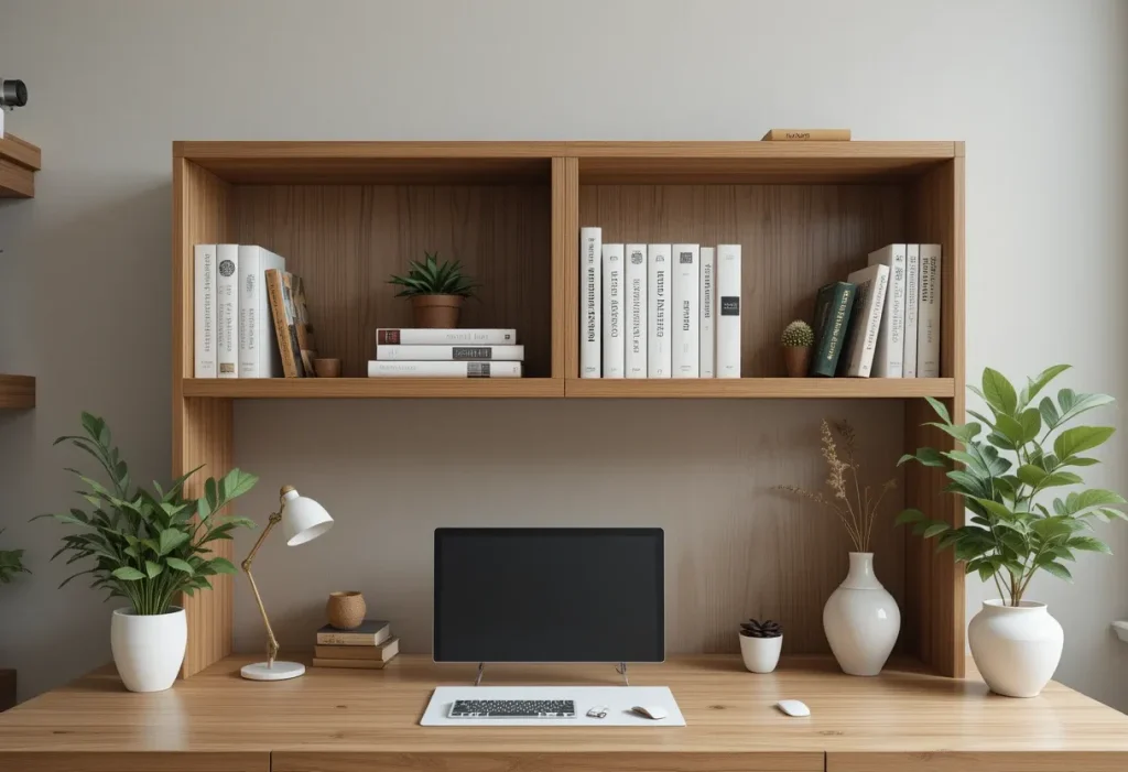 Open shelving above desk displaying books and decor.