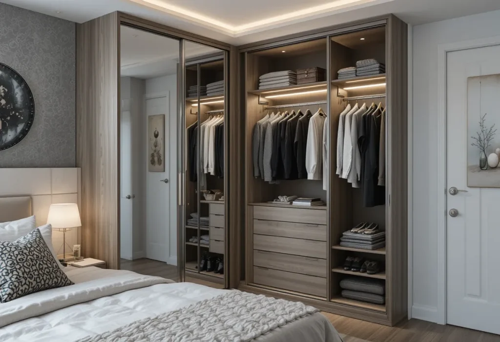 Mirrored corner wardrobe unit fitting snugly into an unused bedroom corner with LED-lit interior.