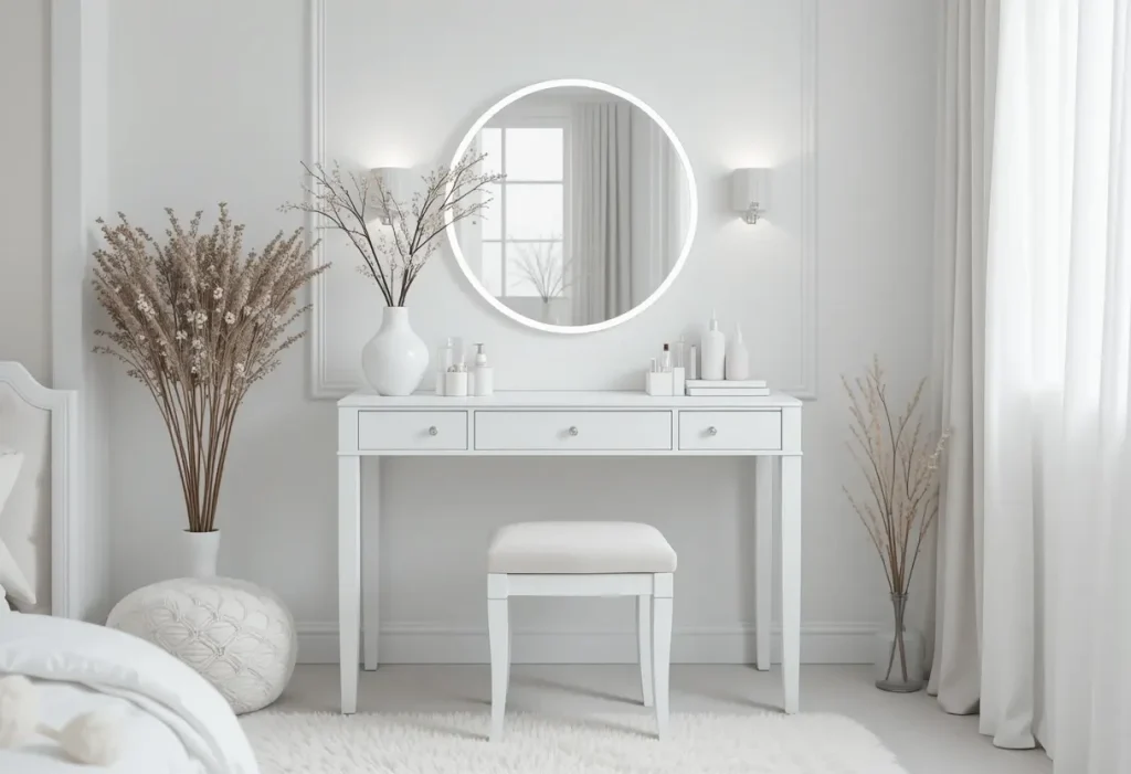 All-white vanity setup with white furniture, mirror, and minimalist decor in a serene bedroom space.