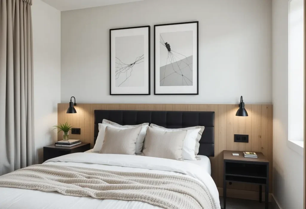 Small bedroom with built-in wall shelves offering sleek, space-saving storage instead of bulky furniture.
