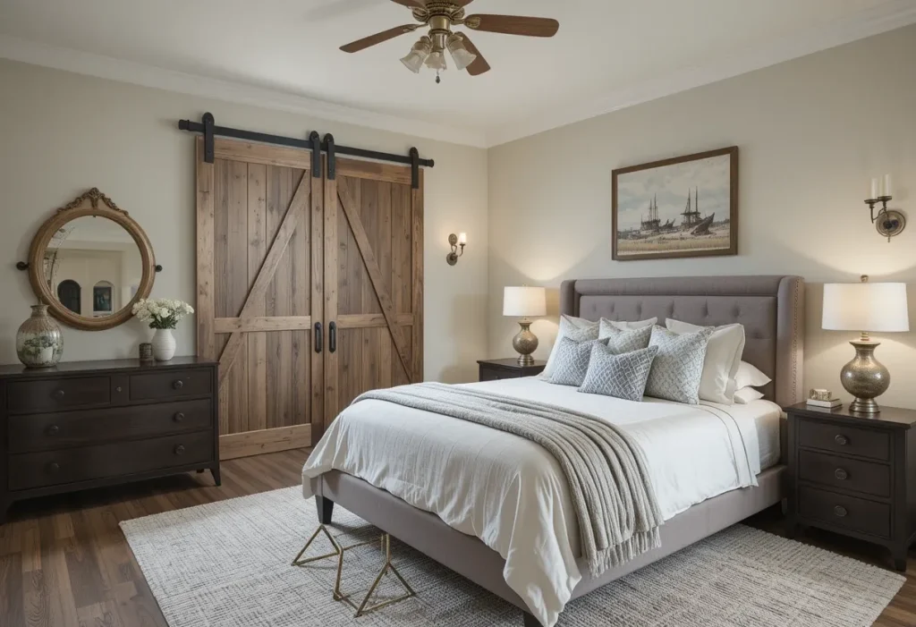 Farmhouse bedroom with a sliding barn door closet and matte black hardware.