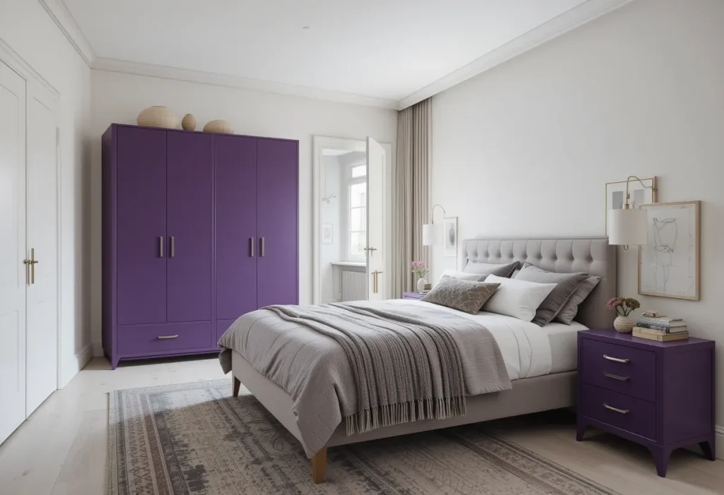 Full room view of a bold purple-painted dresser with grey hardware and neutral surroundings.