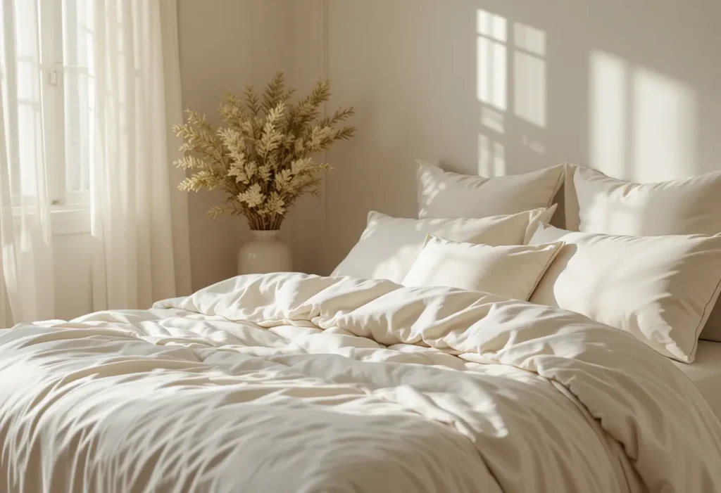 "A cozy bedroom with a neatly made bed covered in ultra-soft, buttery bedding — think sateen or bamboo sheets in calming tones like ivory, blush, or light gray. The bedding looks smooth, breathable, and plush to the touch, layered with a lightweight duvet and fluffy pillows. Soft morning light spills onto the bed through gauzy curtains, creating a space that invites you to crawl in and never leave.