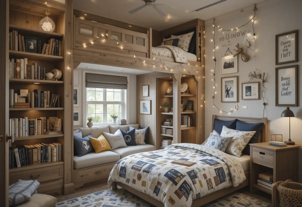 "Book-themed boys’ bedroom with reading nook, bookshelves, cozy cushions, and soft lighting for young readers."