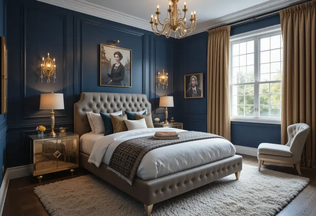 A creative room with chalkboard walls, floating shelf jars, and sketch drawings.