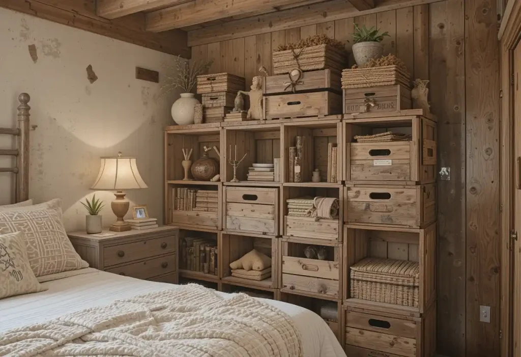 Wooden crates stacked as storage next to a bed in a rustic guest room.