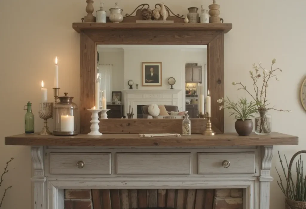Vanity set within an old fireplace mantel with mirror and antique decor accents.
