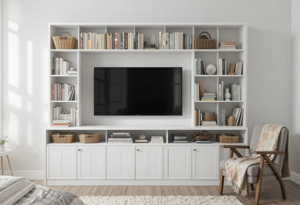TV mounted above a tall bookshelf filled with decor in a reading-friendly brown bedroom.