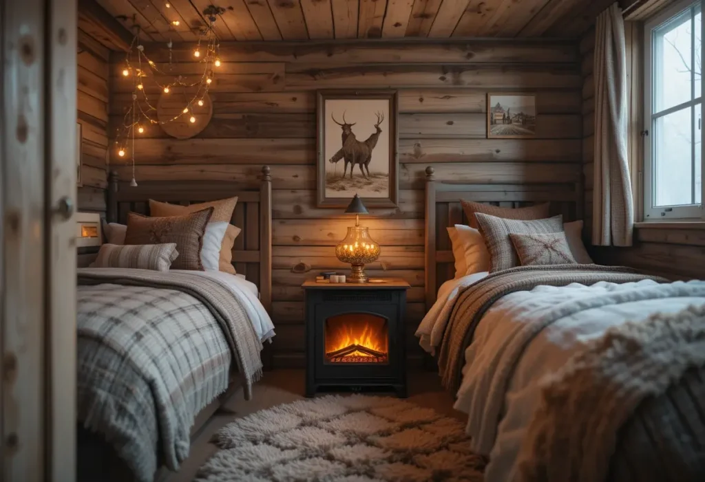 "Cozy small bedroom with a mini electric fireplace creating a warm, inviting atmosphere with soft lighting and layered textures.