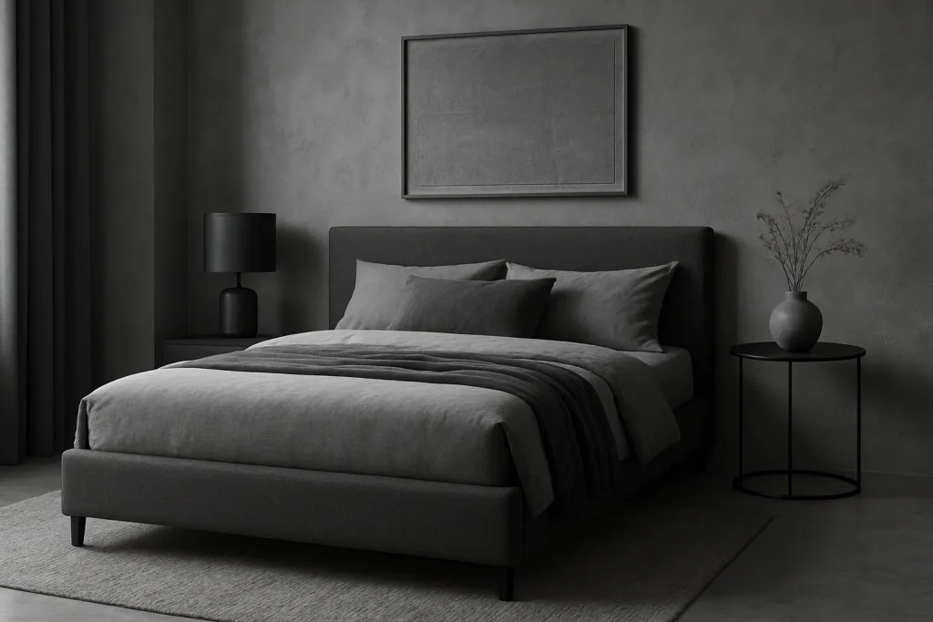 Monochrome grey bedroom with grey bed, layered textures, and cohesive grey-on-grey decor.