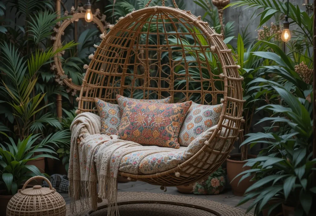 Hanging swing chair with neutral cushions and throw blanket on a decorated boho-style balcony.
