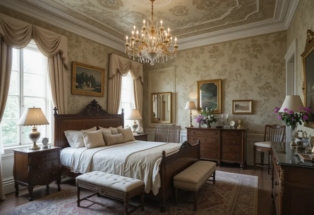 Elegant bedroom with chinoiserie wallpaper featuring florals and birds, paired with vintage decor.
