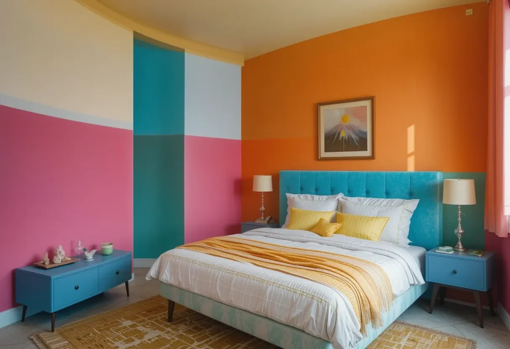 Color-blocked bedroom with bright geometric wall sections and modern minimalist furnishings.