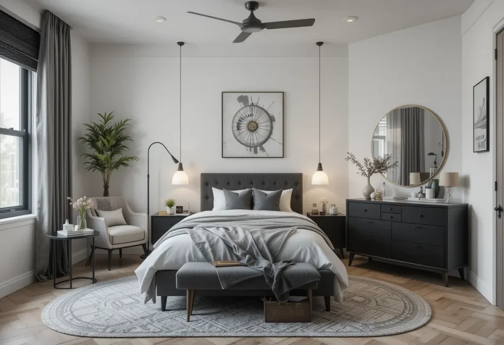 “Small men’s bedroom with a cohesive design theme and matching décor.”