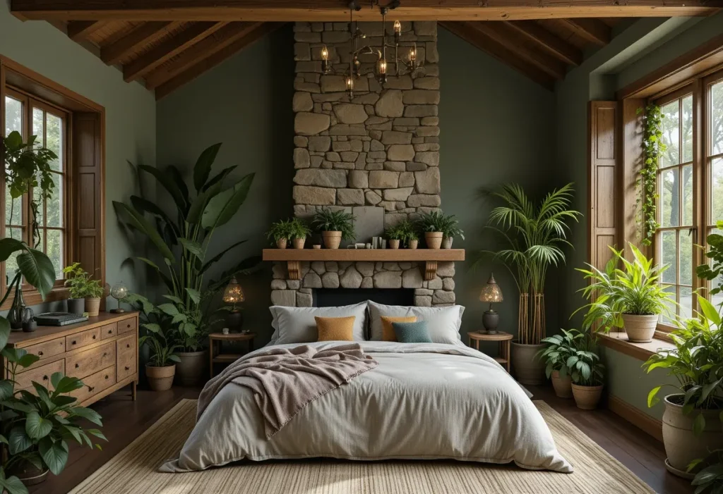 An earthy bedroom with green plants, wood beams, neutral bedding, and a peaceful natural palette.