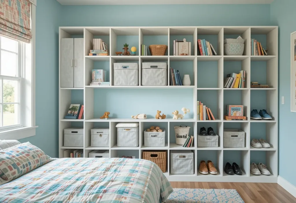 Kid’s bed with shelf headboard storing books, a nightlight, and stuffed animals, all anchored safely.