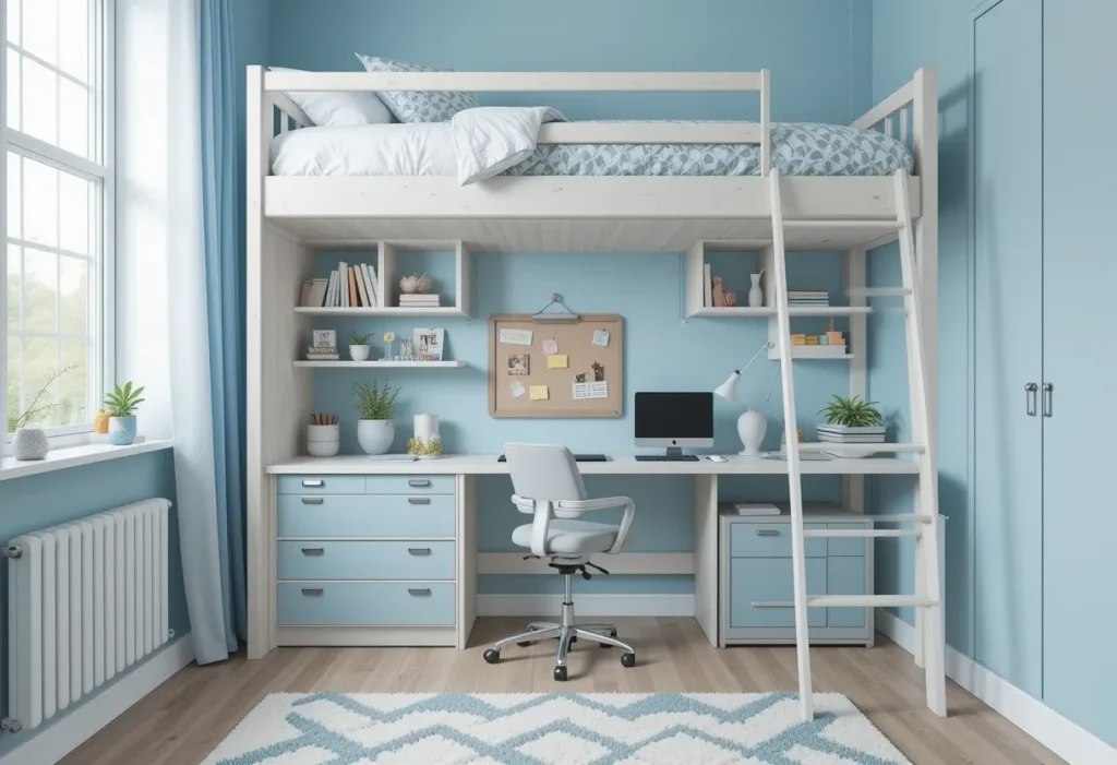 “Compact bedroom with a study nook under a lofted bed and wall-mounted desk with shelves.”