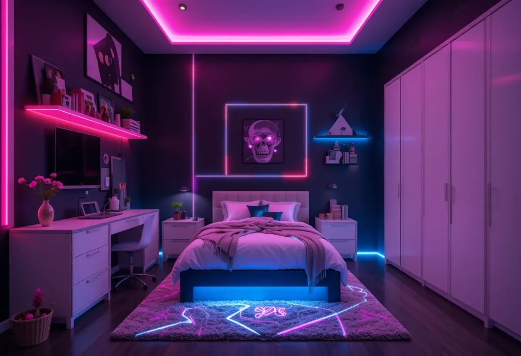 Kids’ room with black walls, neon LED lights, minimalist furniture, and glowing accents.