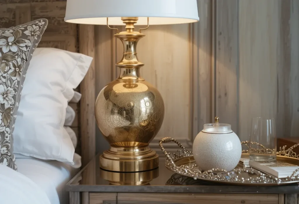 Metallic accents on lamps and trays in a chic bedroom.