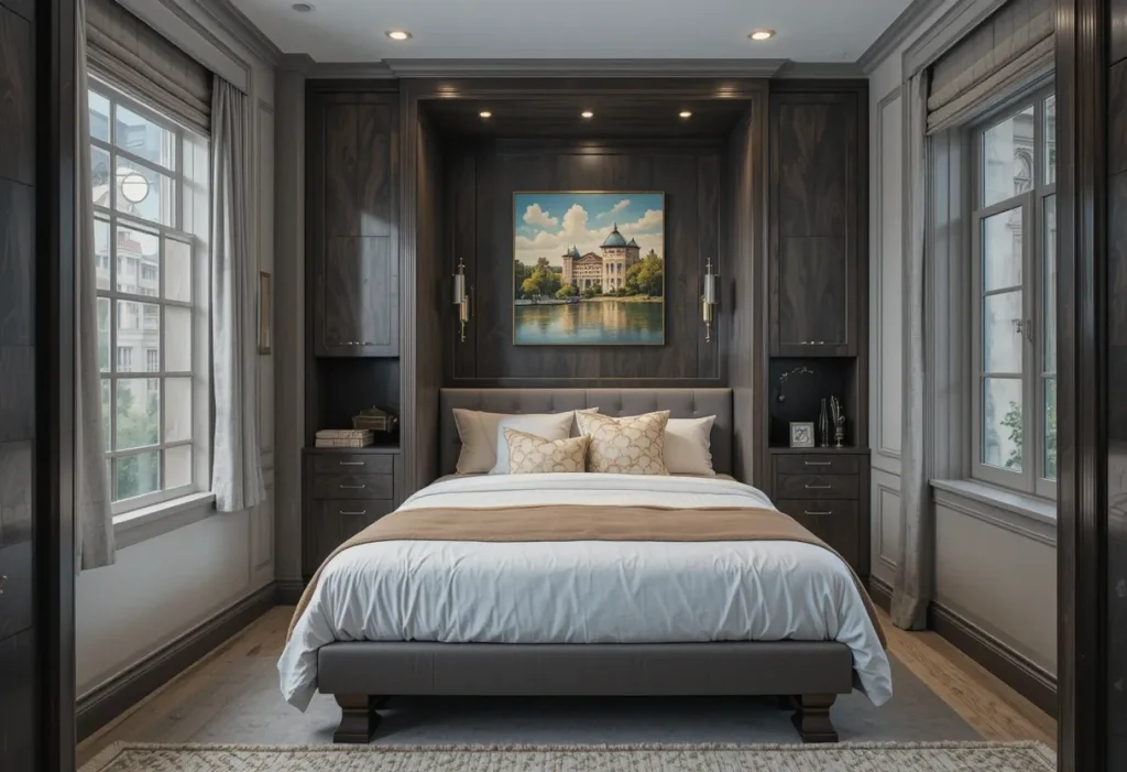 Murphy bed shown folded into the wall with surrounding storage cabinets and artwork on the front.