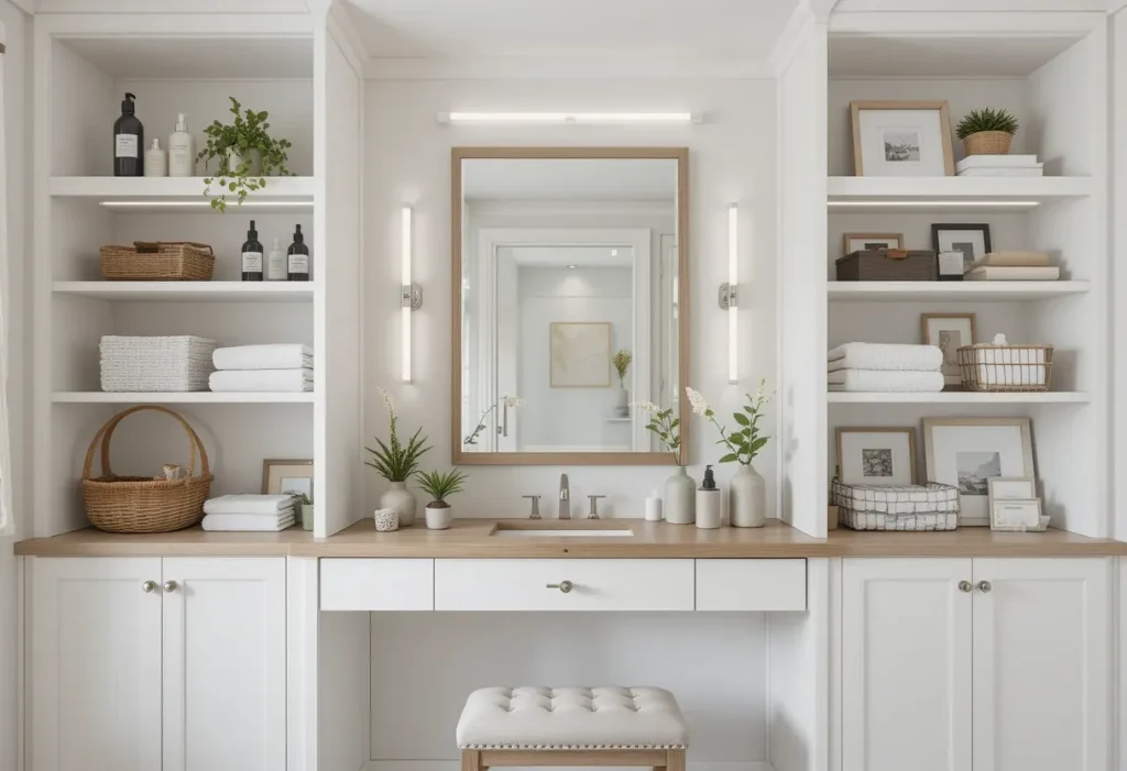 Vanity with open shelving and organized beauty items, styled for both storage and decor in a modern bedroom.
