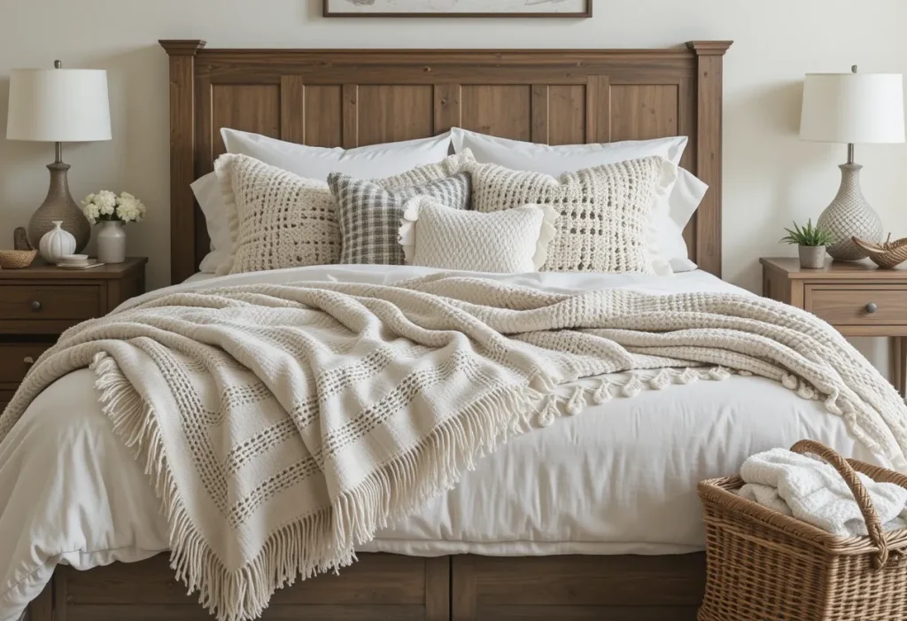 Bed draped with various cozy throw blankets in soft textures and warm tones.