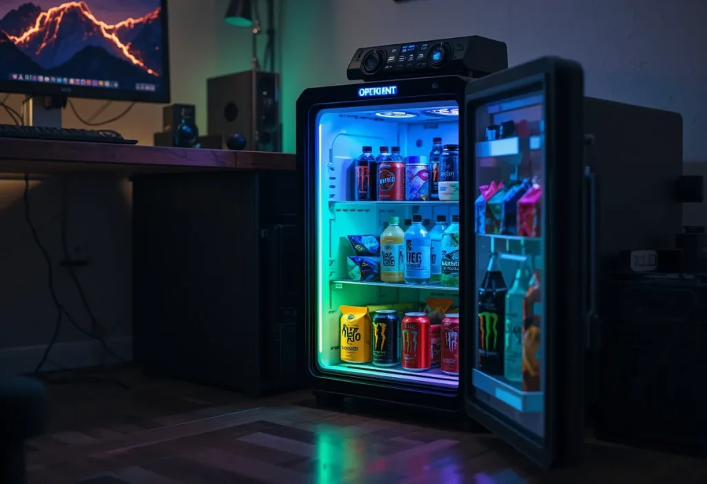 Compact black mini fridge beside a desk, stocked with energy drinks and snacks for convenient gaming fuel.