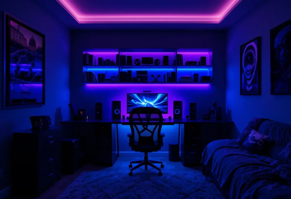 Colorful RGB LED lights illuminating a modern gaming desk and monitor, creating a vibrant, immersive bedroom gaming setup.
