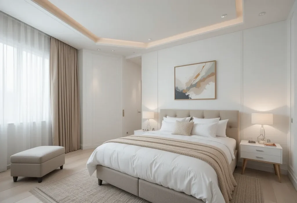 Minimalist guest bedroom with neutral tones, clean lines, abstract wall art, and uncluttered surfaces.