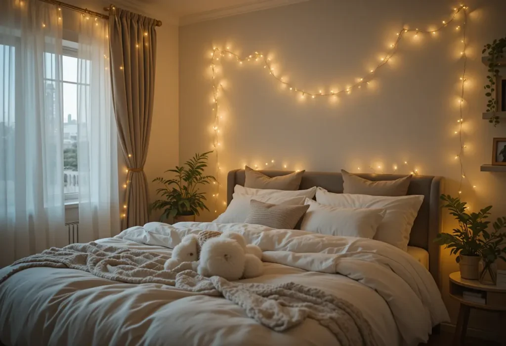 "Cozy bedroom with soft golden fairy lights creating a warm, magical glow around the bed and walls."
