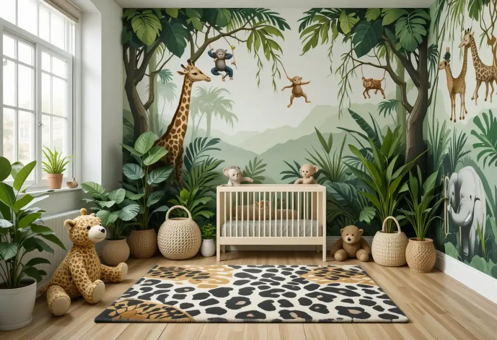 "Jungle safari toddler room with animal murals, hanging vines, plush lions and elephants, and green leafy decor."
