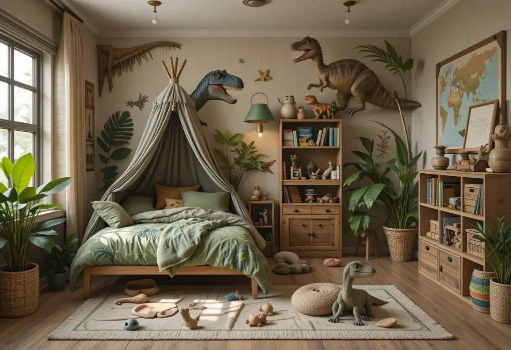 "Dinosaur explorer-themed boys’ bedroom with jungle tones, dinosaur prints, fossil rug, and adventure-themed decor."

