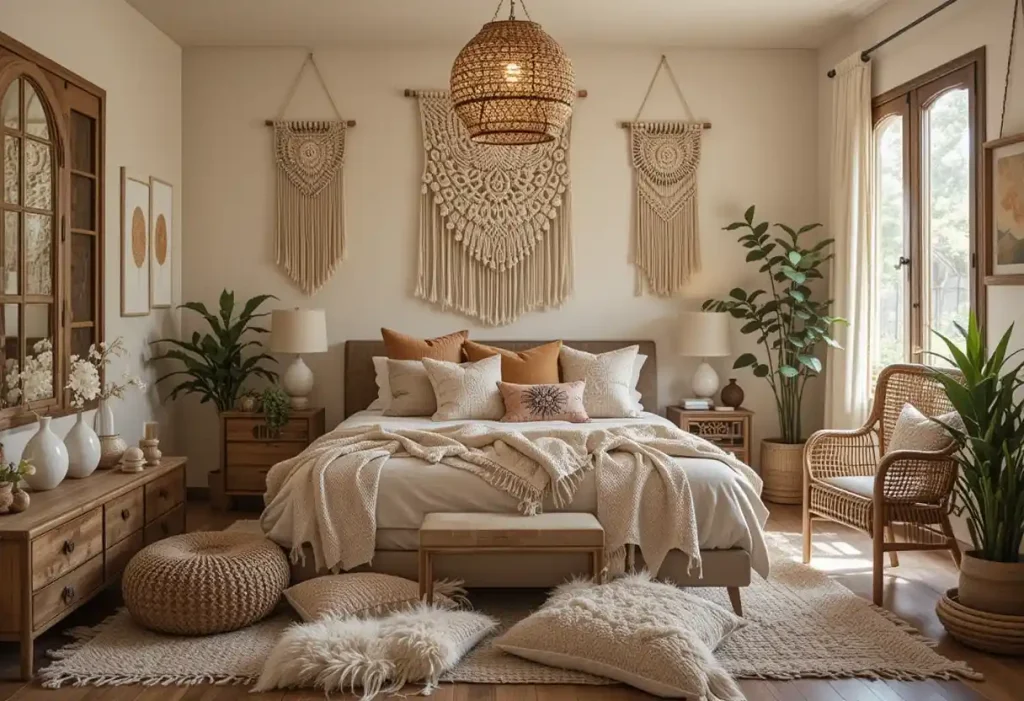 "Bohemian-style guest room with earthy tones, rattan furniture, macramé wall hangings, and layered cozy textiles."